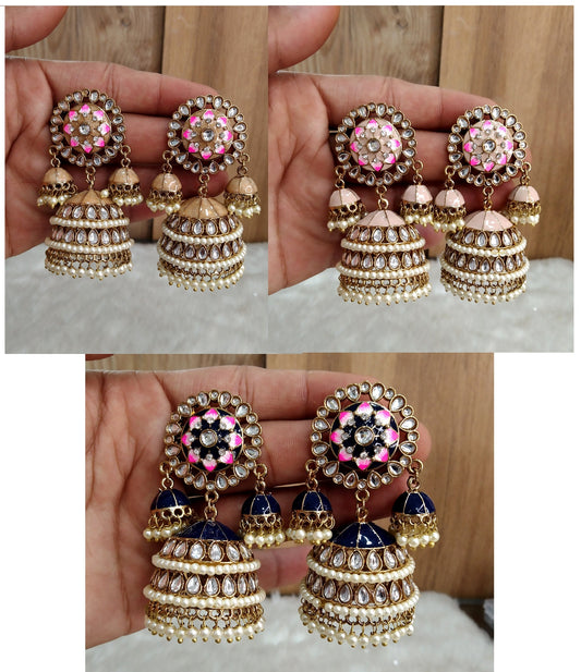 Indian Jhumka Earrings Jewelry/Punjabi Gold  Wedding Indian Jewelry blue , peach, pink Jhumka ava Earrings