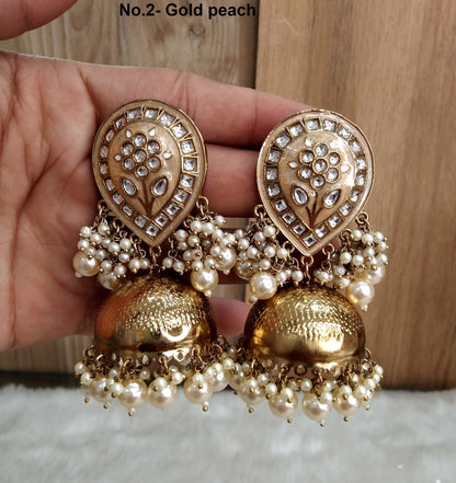 Indian Jhumka Earrings Jewelry/Punjabi Gold  Wedding Indian Jewelry cream , peach  Jhumka asia Earrings