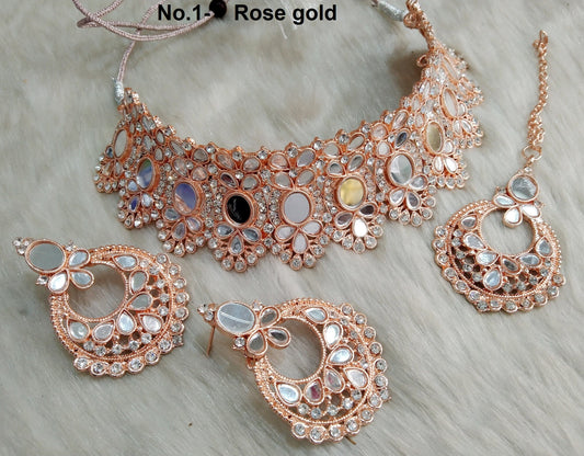 Buy Choker Set /Gold choker Mirror Necklace Set/ Bollywood Necklace Set/Indian Rose gold choker set/Gold Bridesmaid Jewellery/Women Necklace