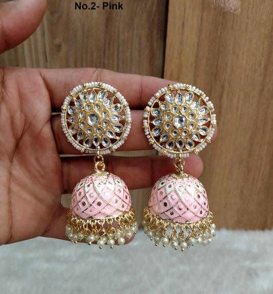 Indian Jhumka Earrings Jewellery/Punjabi Gold  Wedding Indian Jewelry yellow , pink Jhumka Earrings