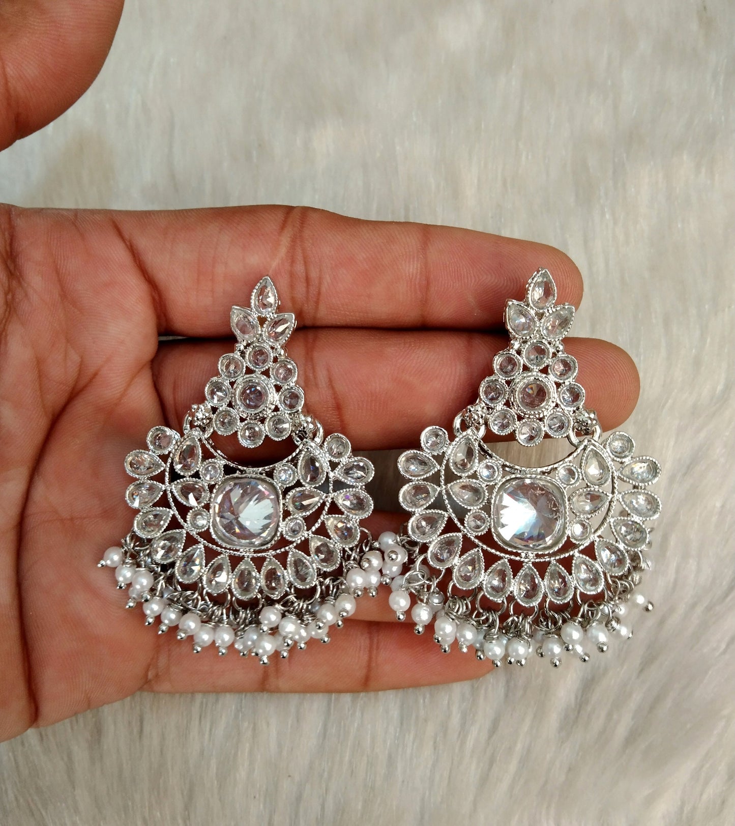 Indian Jewellery/Silver Indian Chand Balli Round Earrings tikka set/Indian Crystal silver Bridal Earrings Set Jewellery/ Bollywood Jewellery