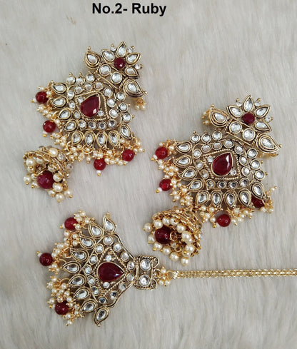 Indian Jewellery/ Green, Maroon Kundan Jewelry Earrings Tikka Set/Indian Earrings Punjabi Bollywood Set Jewellery/Pakistani Bollywood Set