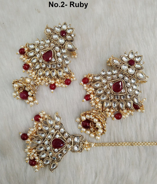 Indian Jewellery/ Green, Maroon Kundan Jewelry Earrings Tikka Set/Indian Earrings Punjabi Bollywood Set Jewellery/Pakistani Bollywood Set