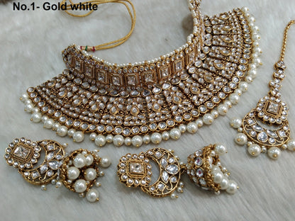 Indian Jewellery/ Gold white , green, Maroon Semi Bridal Kundan choker necklace Set Indian Wedding Semi Bridal Ethnic Jewellery Necklace