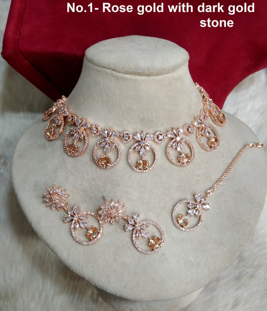 Cubic Zirconia Diamond necklace Earrings set, rose gold, silver Bridal necklace earrings jewellery sanam statement necklace set CZ necklace