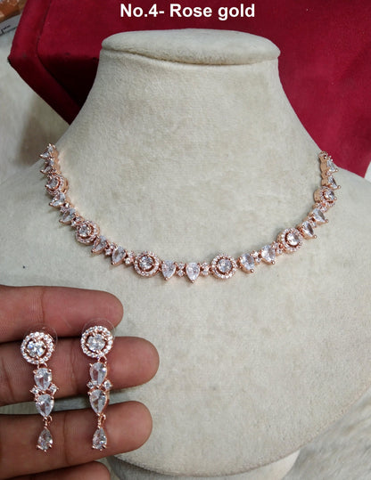 American Diamond necklace Earrings set, rose gold, Bollywood silver Bridal necklace earrings above jewellery statement necklace set CZ necklace set