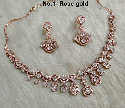 Cubic Zirconia Diamond necklace Earrings set, rose gold, silver Bridal passori necklace earrings jewellery statement necklace set