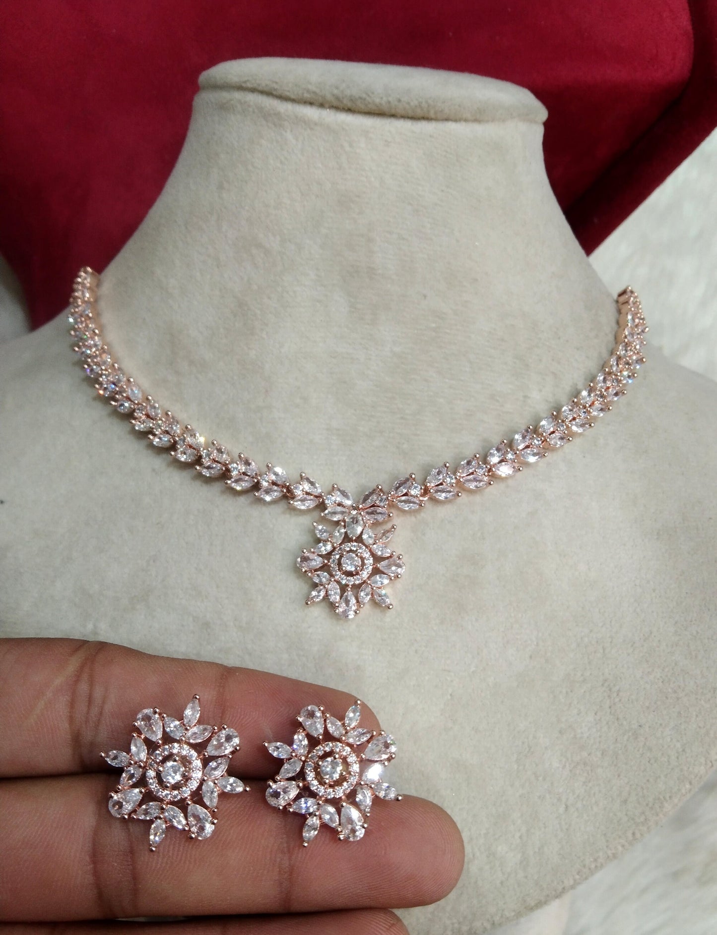 Cubic Zirconia Diamond necklace Earrings set, rose gold, Robin, sia silver Bridal necklace earrings jewellery statement necklace set necklace