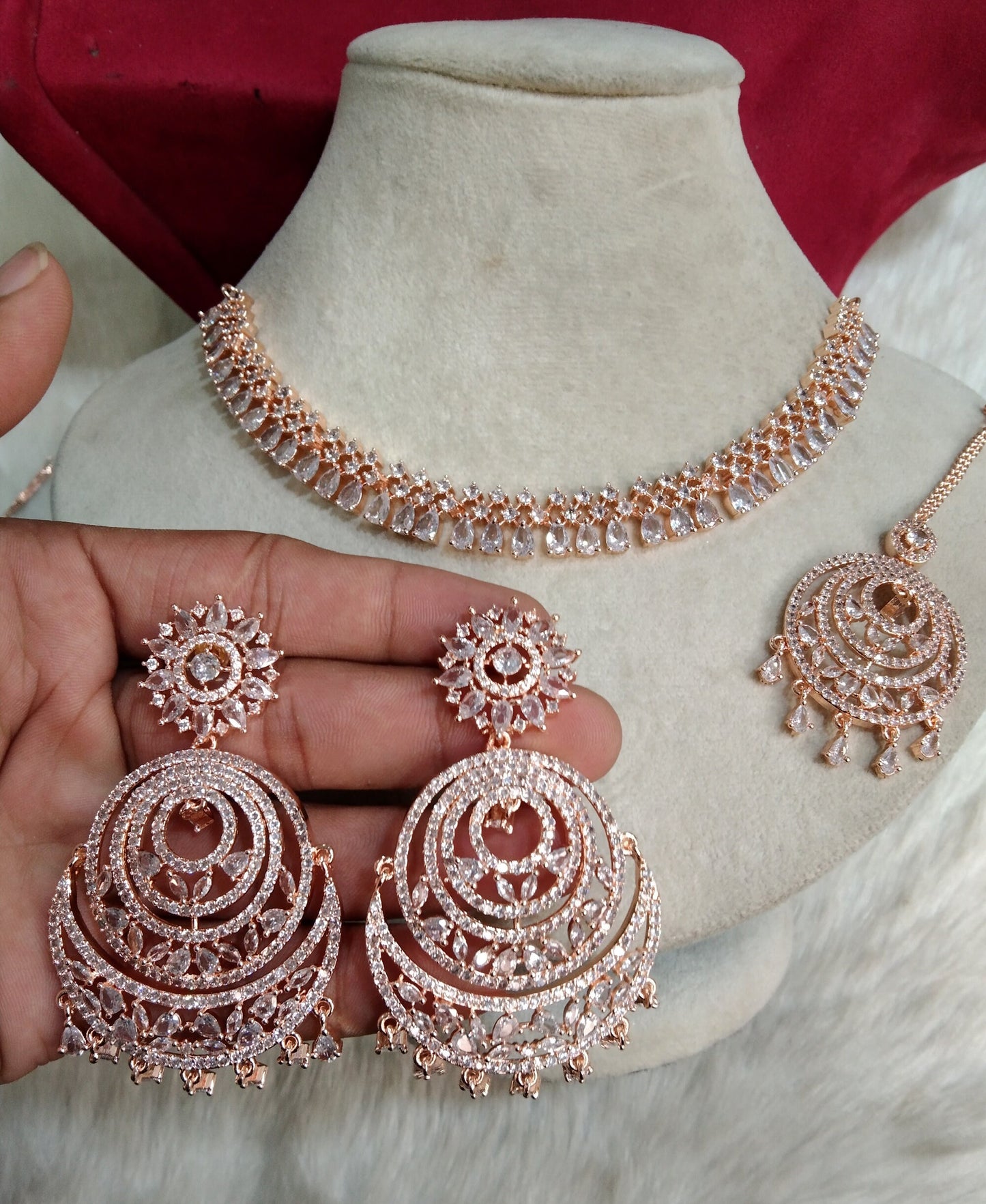 Cubic Zirconia Diamond necklace Earrings set, rose gold, silver Bridal Ranjha necklace earrings jewellery statement necklace set CZ necklace