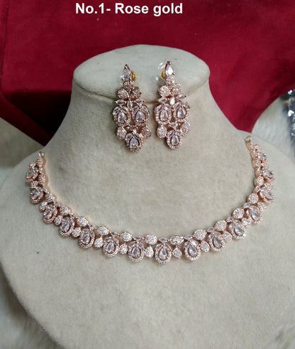 American Diamond necklace Earrings set,rose gold,Bollywood silver Bridal necklace gun riverside earrings Jewellery Statement necklace CZ necklace set