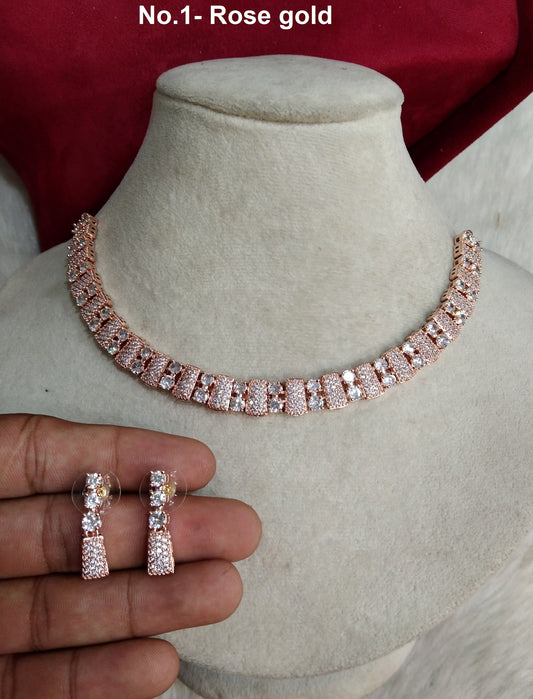 American Diamond necklace Earrings set, rose gold, Bollywood silver Bridal atif necklace earrings jewellery statement necklace set CZ necklace set