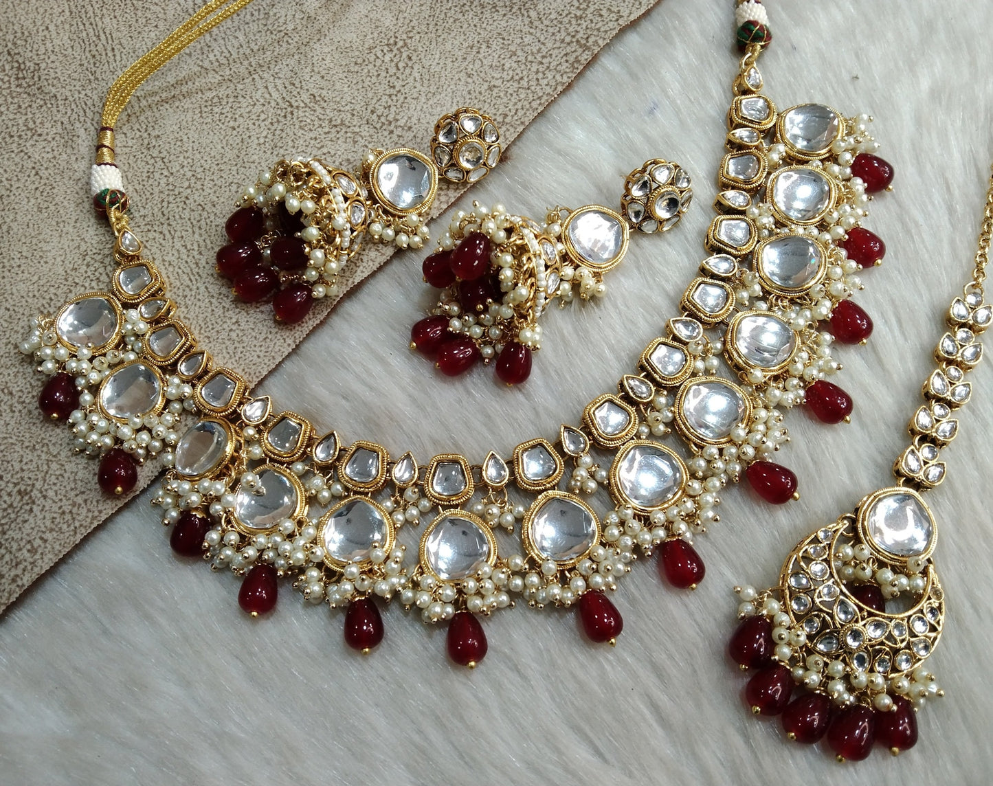 Indischer Schmuck/ Gold Semi Braut Kundan Halskette Set Indischer Rubin, Rosa, Seegrün Livingston Hochzeit Brautschmuck Halskette