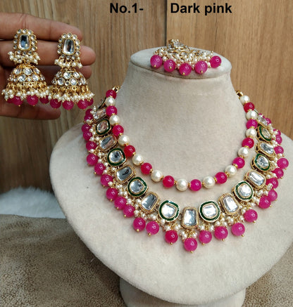 Indian Jewellery/ Gold Bridal Kundan necklace Set Indian green, peach, pink,  Wedding Semi Bridal Ethnic Jewellery Fresno fontana Necklace