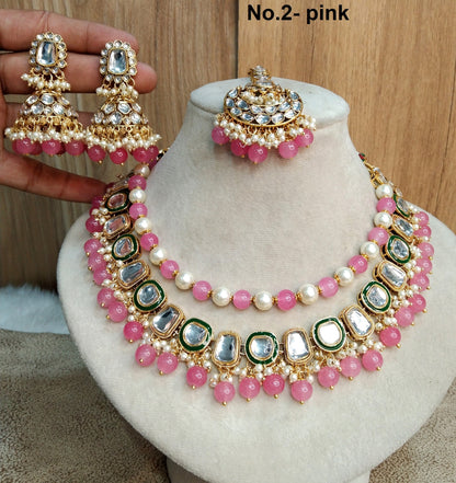 Indian Jewellery/ Gold Bridal Kundan necklace Set Indian green, peach, pink,  Wedding Semi Bridal Ethnic Jewellery Fresno fontana Necklace