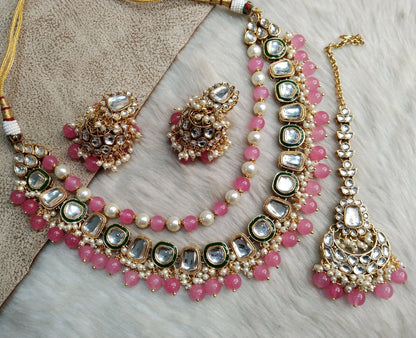 Indian Jewellery/ Gold Bridal Kundan necklace Set Indian green, peach, pink,  Wedding Semi Bridal Ethnic Jewellery Fresno fontana Necklace