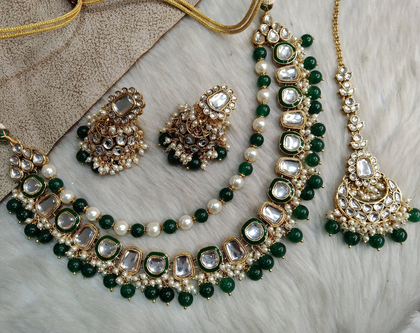 Indian Jewellery/ Gold Bridal Kundan necklace Set Indian green, peach, pink,  Wedding Semi Bridal Ethnic Jewellery Fresno fontana Necklace