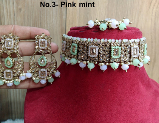 Indian jewellery Choker Set/ Dark gold pink mint, peach choker Jewellery set Oswego Indian choker necklace set/Bridesmaid Jewellery