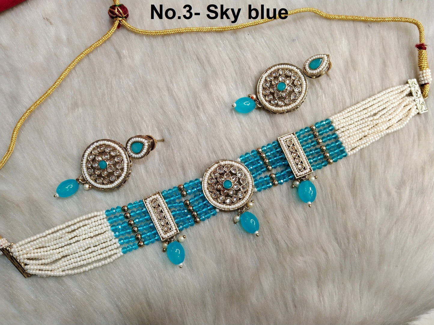 Indian jewellery Choker Set Necklace/dark gold , peach, sku blue. ruby, green choker Jewellery set /Surrey Indian choker set