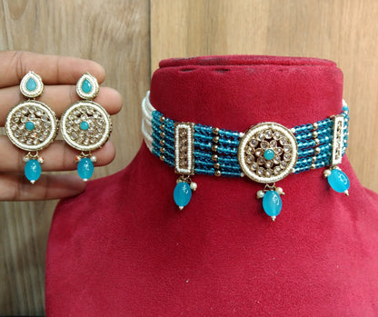 Indian jewellery Choker Set Necklace/dark gold , peach, sku blue. ruby, green choker Jewellery set /Surrey Indian choker set