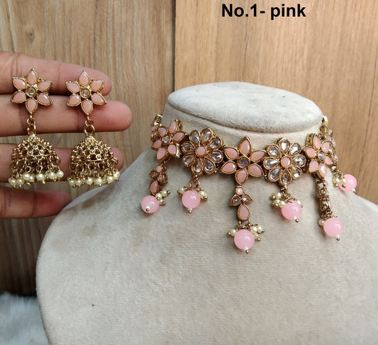 Indian  Jewellery Antique gold pink, dark gold, mint, green choker Tikka Set/Gold Bollywood niagara Set/Indian ethnic choker set