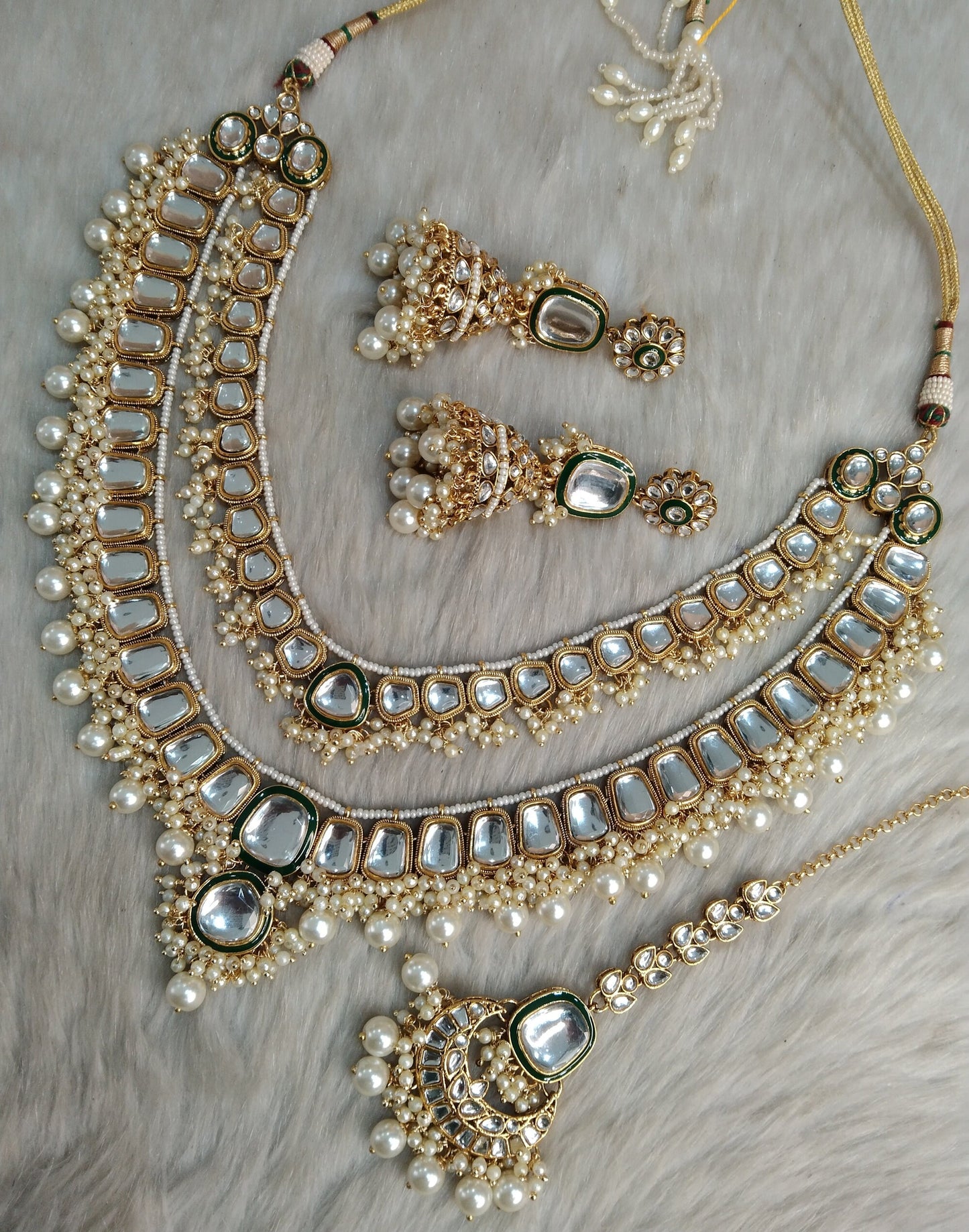 Elfenbein Indischer Schmuck/ Gold Braut Kundan Lagen Halskette Set Indisch gold weiß Hochzeit Semi Braut Ethno Schmuck Itios Halskette