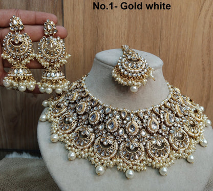 Ivory Indian Jewellery/ Gold Bridal Kundan necklace Set Indian gold White, blue, green Bridal Harris justin Necklace