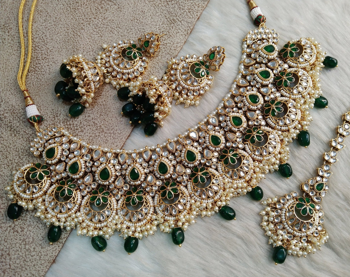 Ivory Indian Jewellery/ Gold Bridal Kundan necklace Set Indian gold White, blue, green Bridal Harris justin Necklace