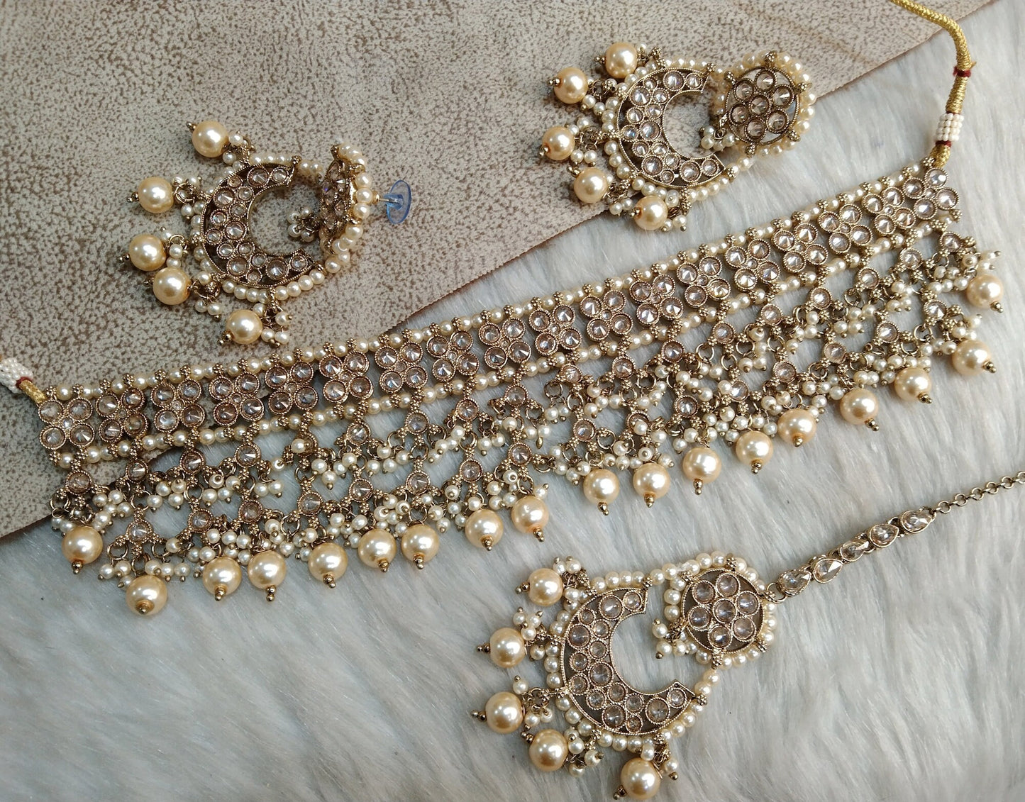 Indischer Schmuck Antik Gold Halskette Tikka Set/Gold Glanz Bollywood Halskette Set/Indische Halskette Ethno Halskette Set