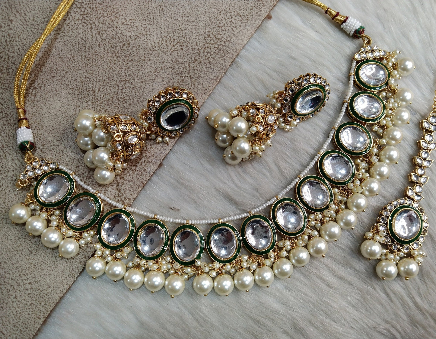 Indian Jewellery/ Gold Bridal Kundan necklace Set Indian gold White, green, ruby Bridal Jewellery john Necklace set