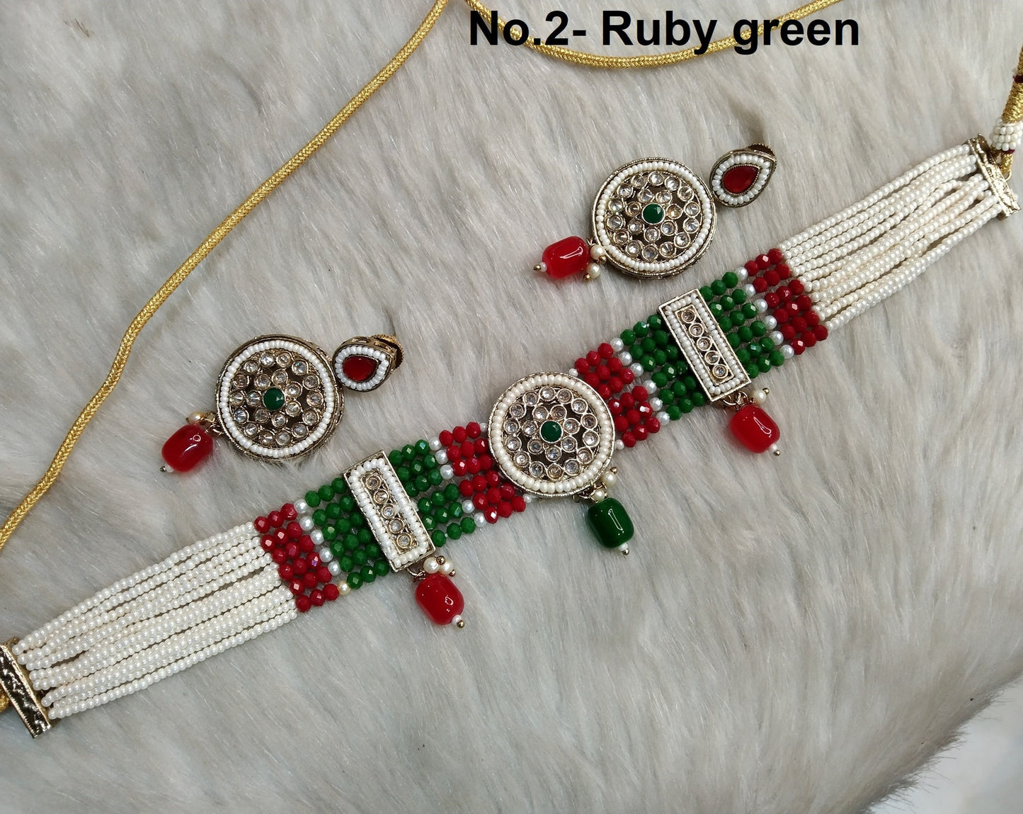 Indian jewellery Choker Set Necklace/dark gold , peach, sku blue. ruby, green choker Jewellery set /Surrey Indian choker set