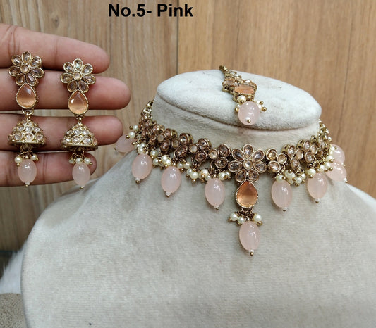 Indian  Jewellery Antique gold, yellow, pink, ruby , multicolor choker Tikka Set/Gold Bollywood Tauranga Set/Indian ethnic choker set