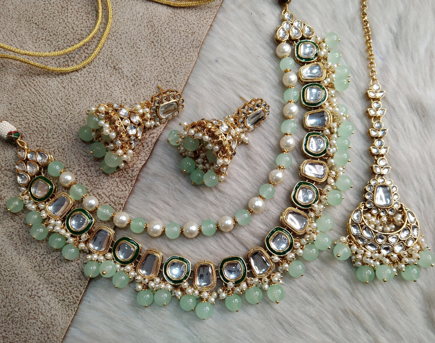 Indian Jewellery/ Gold Bridal Kundan necklace Set Indian gold white, sea green, maroon  Wedding Semi Bridal Ethnic Jewellery Fontana Necklace