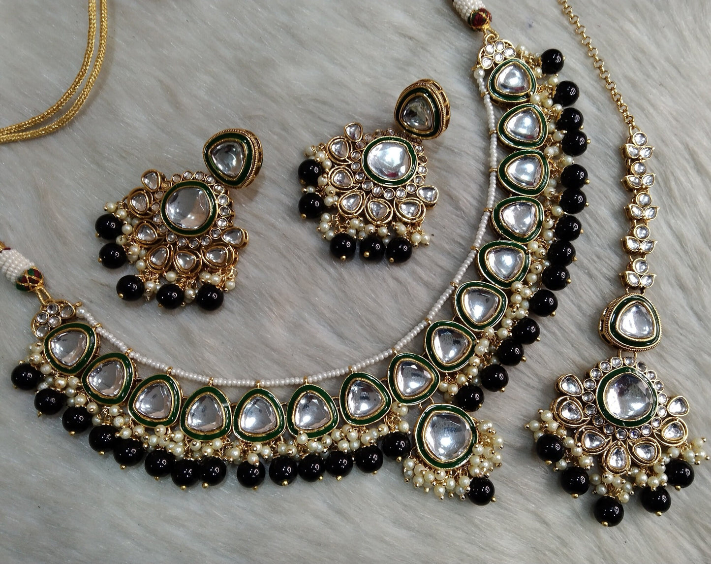 Indian Jewellery/ Gold Bridal Kundan necklace Set Indian black, gold white, pastel green, mehndi, blue, ruby Bridal Jewellery aria Necklace