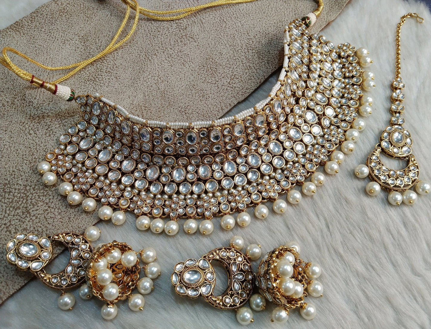 Indian  Jewellery, Ivory Gold white,Pink Kundan necklace Set Indian Wedding Semi Bridal Ethnic Bridal Necklace, bridesmaids set, Bridal set