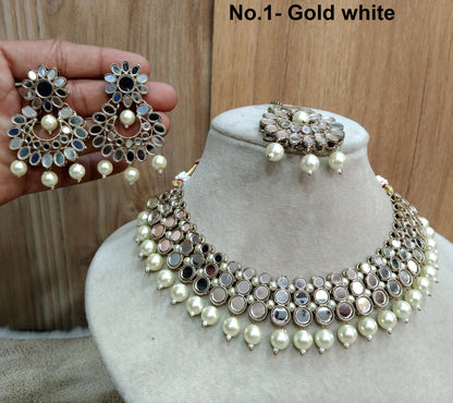 Indian  Jewellery /Gold multicolor Bridal mirror Kundan necklace Set/Bollywood Gold Indian Jewellery Necklace Set