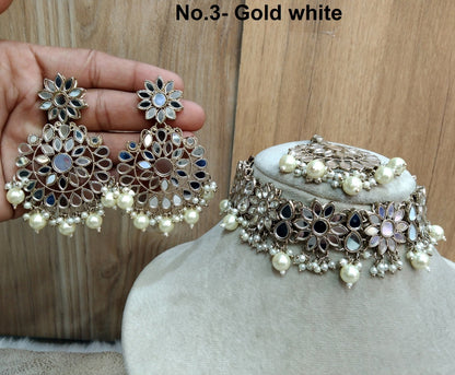 Indian  Jewellery mirror Kundan Choker Bridal Wedding Bollywood Style Gold Finish choker Set/ Gold Choker set