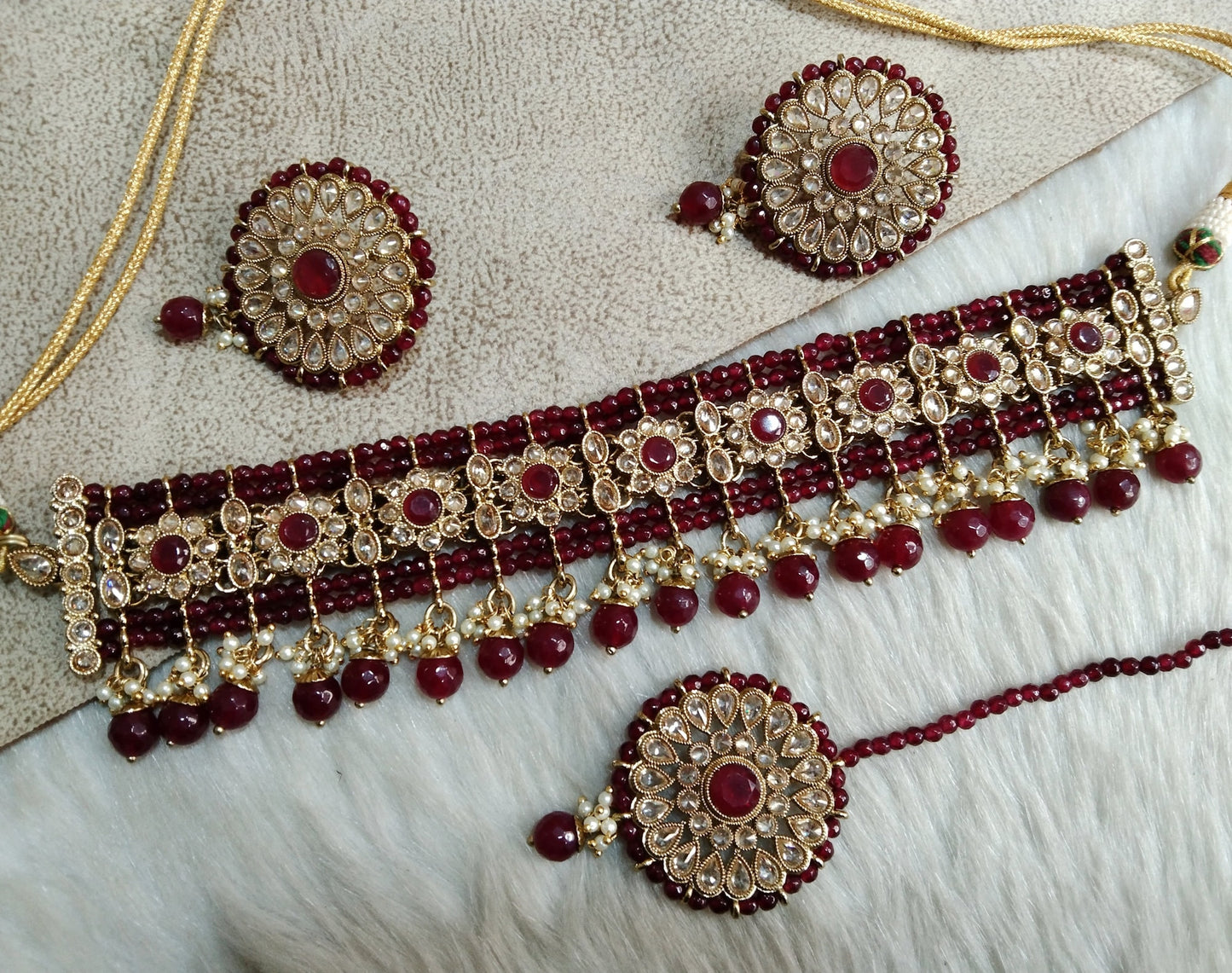 Choker Set Gold Necklace Set/ Bollywood Jewellery/dark gold maroon, grey Indian choker necklace set/ Bridesmaid Jewellery/Women Necklace set