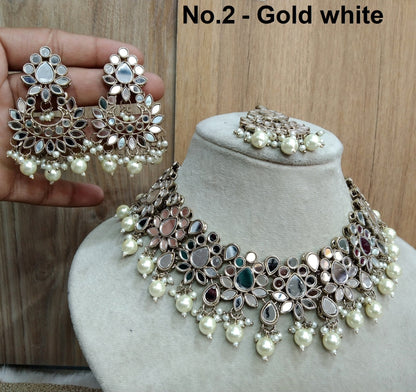 Indian  Jewellery /Gold multicolor Bridal mirror Kundan necklace Set/Bollywood Gold Indian Jewellery Necklace Set