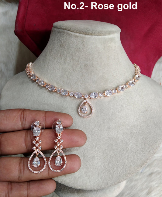 Cubic zirconia diamond necklace set, rose gold cz necklace corona set