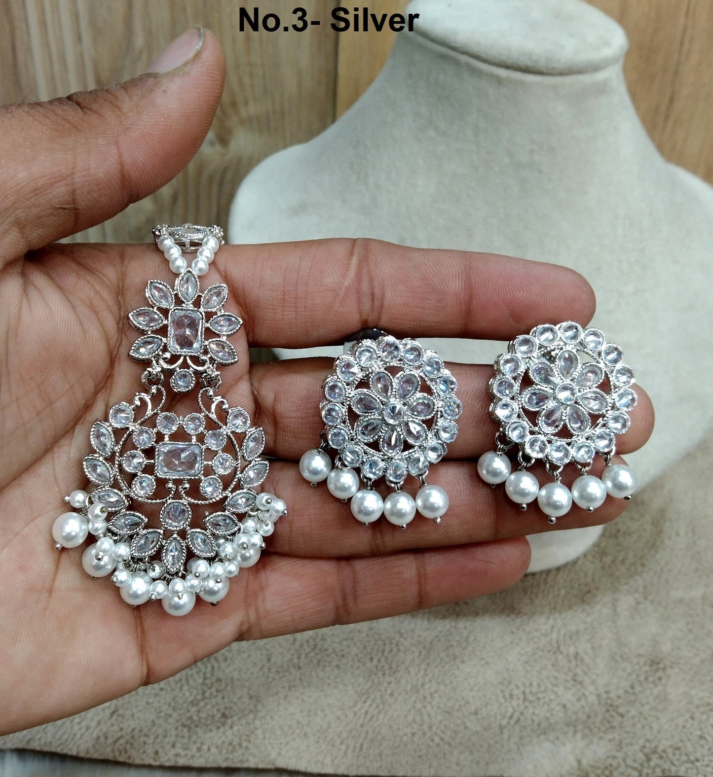 Indian Jewellery/Silver Indian Chand Balli Round Earrings tikka set/Indian Crystal silver Bridal Earrings Set Jewellery/ Bollywood Jewellery