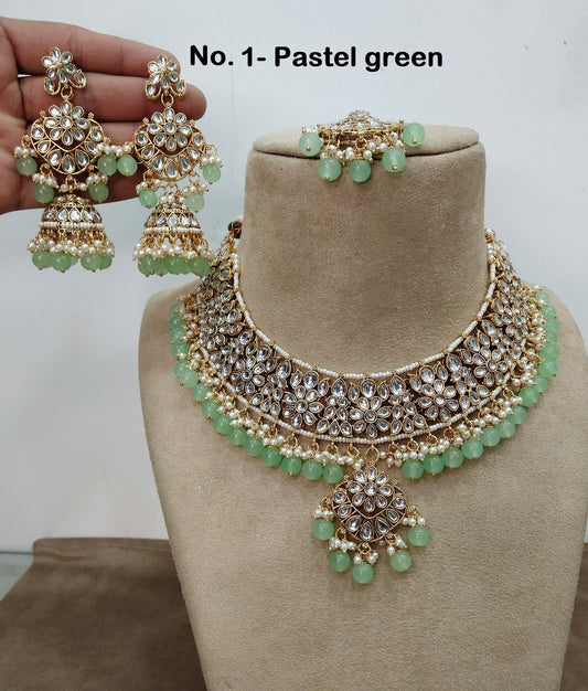 Indian Jewellery/ Gold Semi Bridal Kundan necklace Set Indian Gold white, Pastel green, Seagreen pink Carnage Wedding  Jewellery Necklace