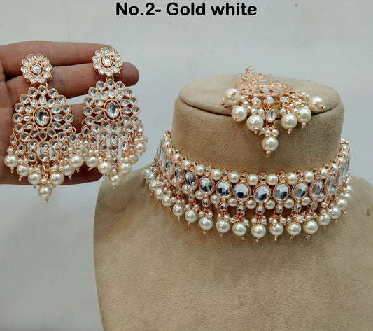 Ivory Indian jewellery Rose gold kundan Choker Set Necklace Earrings Set/Rose white, green, maroon Indian giare Jewellery Necklace Set/Choker Set