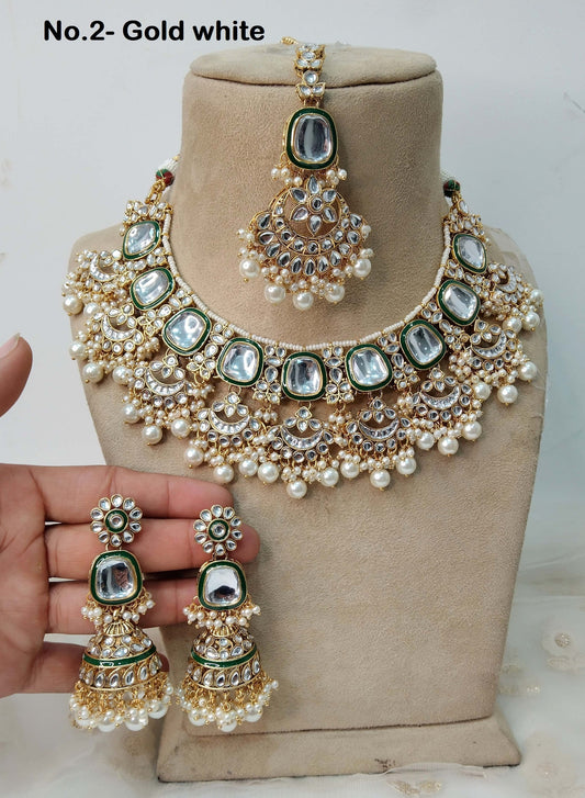 Indian Jewellery/ Gold Semi Bridal Kundan necklace Set Indian ruby, gold white, yellow, Gajjri mint, jiva Wedding  Jewellery Necklace set