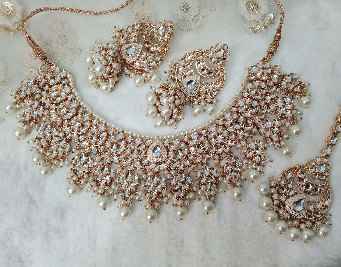 Indian Jewellery/Bridal Rose white Kundan necklace Set/Indian Wedding Kundan danny Jewellery indian Necklace set