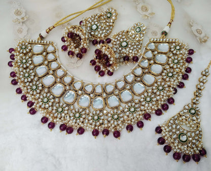 Indian Jewellery/ Gold Semi Bridal Kundan necklace Set Indian Gold purple, green Wedding  Jewellery Necklace set