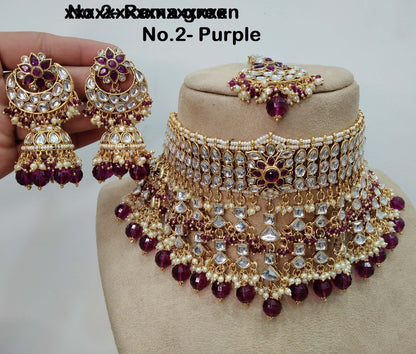 Indian jewellery kundan Choker Set Necklace Earrings Set/Gold white,Purple,Green,Maroon set Indian Kura Jewellery Necklace Set