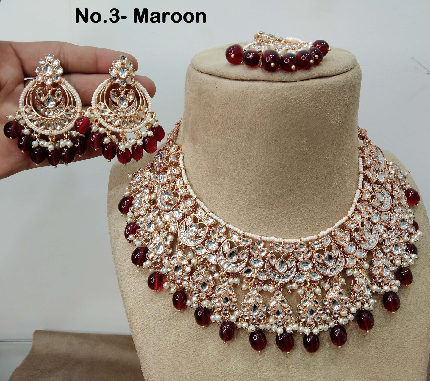 Indian Jewellery/ Gold Bridal Kundan necklace Set Indian Maroon, Gold white, Rama Bridal Jewellery kaskade  kundan Necklace set