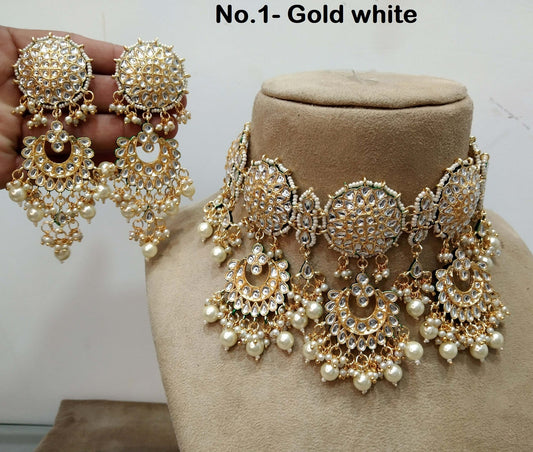 Indian Jewellery/ Gold Bridal Kundan necklace Set , Gold white , Mehndi Indian Eric Bridal Jewellery  kundan Necklace set