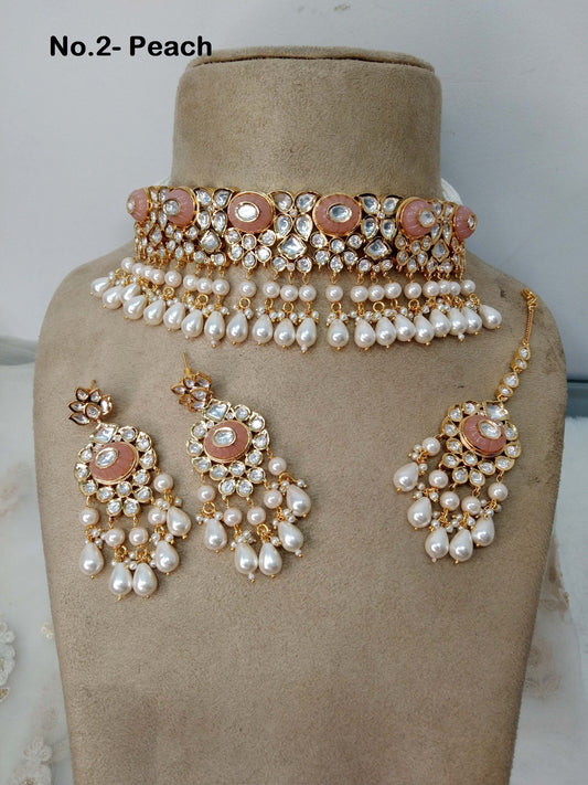 Indian Jewellery/Bridal Gold jadau Kundan choker Set/Indian Wedding maroon, light peach Kundan choker Jewellery nipika choker Necklace set