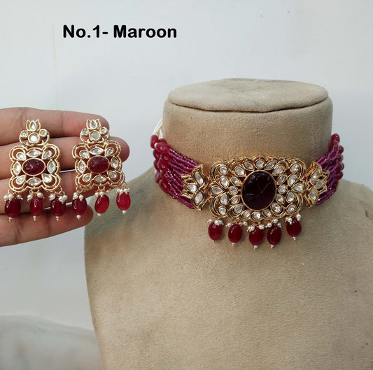 Indian Jewellery/Bridal Gold jadau Kundan choker Set/Indian Wedding maroon, green, Pink Kundan choker Jewellery nimy choker Necklace set